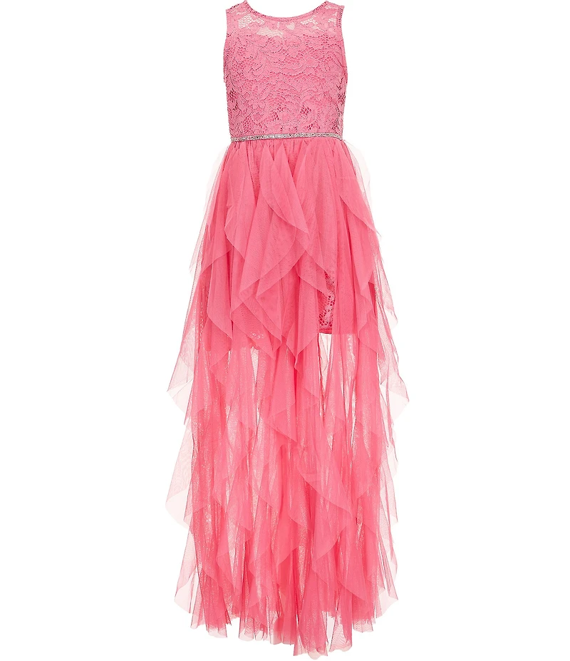 Rare Editions Big Girls Sleeveless Glitter-Accented-Lace Bodice/Cascading Walk-Through Skirted Ballgown