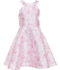Rare Editions Big Girls Sleeveless Halter-Neck Toile-Printed Mikado Fit-And-Flare Dress