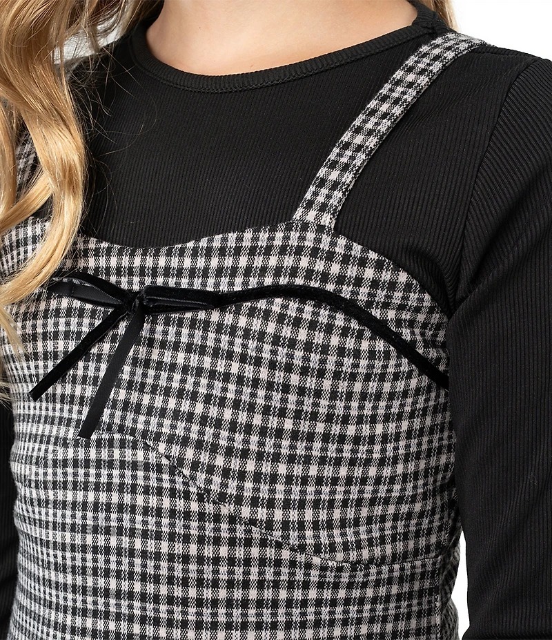 Rare Editions Big Girls Sleeveless Plaid Double-Knit Jumper Dress & Long-Sleeve Rib-Knit Top Set