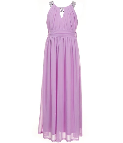 Rare Editions Big Girls Sleeveless Rhinestone-Embellished-Halter-Neck Textured Glitter-Accented Mesh Long Dress