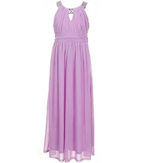 Rare Editions Big Girls Sleeveless Rhinestone-Embellished-Halter-Neck Textured Glitter-Accented Mesh Long Dress