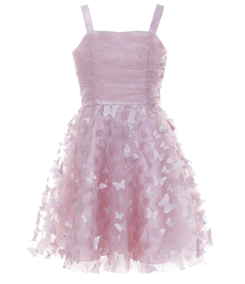 Rare Editions Big Girls Sleeveless Ruched Glitter Accented Butterfly Soutache Embroidered Dress