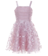 Rare Editions Big Girls Sleeveless Ruched Glitter Accented Butterfly Soutache Embroidered Dress