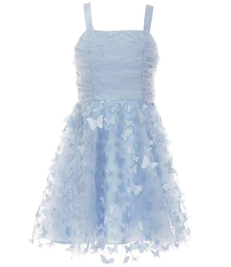 Rare Editions Big Girls Sleeveless Ruched Glitter-Accented Mesh-Bodice/Butterfly-Soutache-Embroidered-Skirted Dress