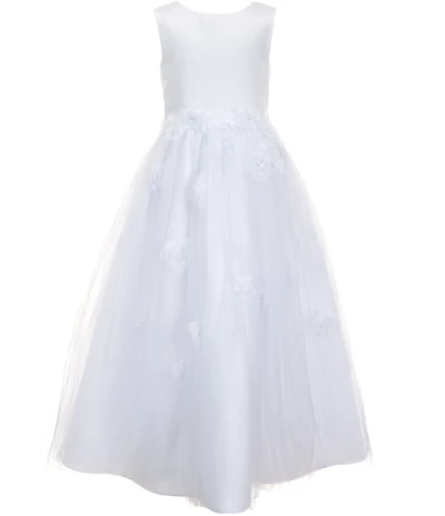Chantilly Place Big Girls Sleeveless Satin-Bodice/Floral-Appliqued Mesh-Skirted Communion Dress