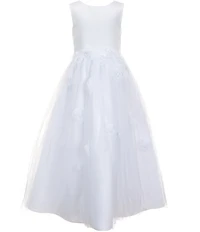 Chantilly Place Big Girls Sleeveless Satin-Bodice/Floral-Appliqued Mesh-Skirted Communion Dress