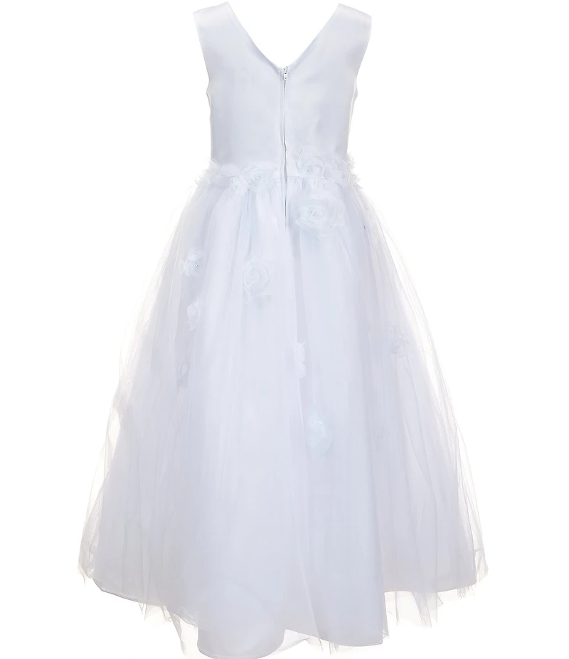 Chantilly Place Big Girls Sleeveless Satin-Bodice/Floral-Appliqued Mesh-Skirted Communion Dress
