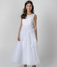 Chantilly Place Big Girls Sleeveless Satin-Bodice/Floral-Appliqued Mesh-Skirted Communion Dress