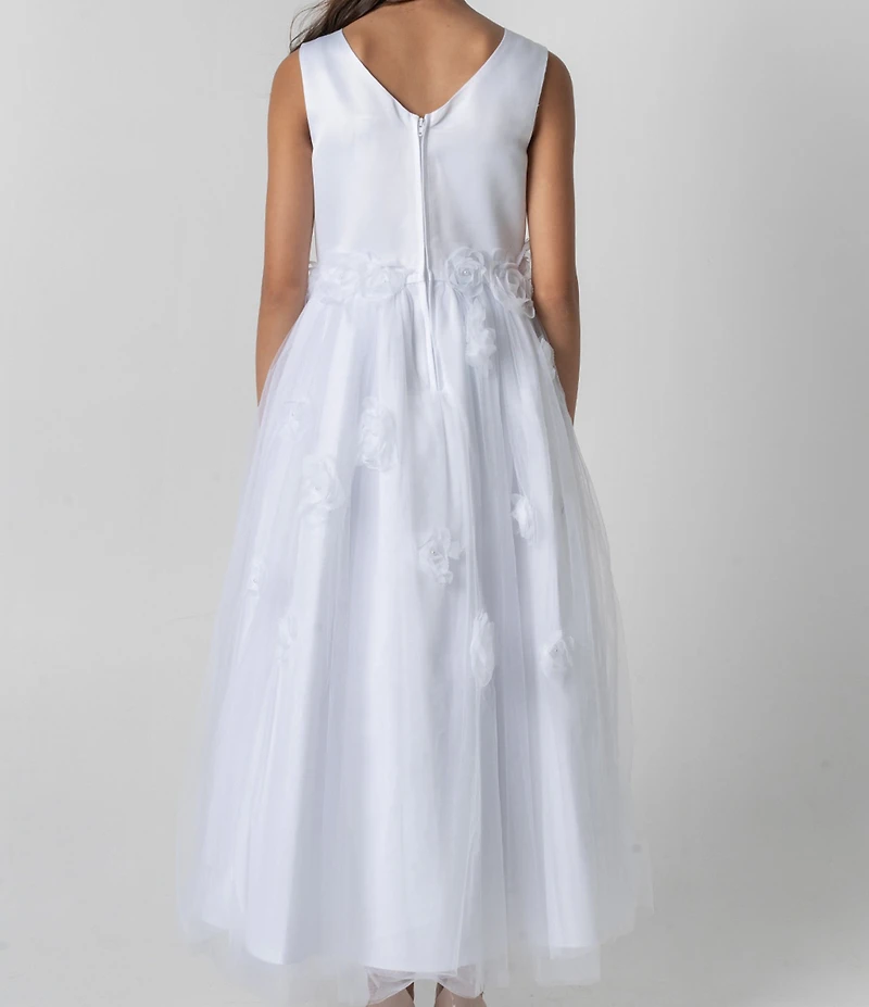 Chantilly Place Big Girls Sleeveless Satin-Bodice/Floral-Appliqued Mesh-Skirted Communion Dress