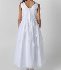 Chantilly Place Big Girls Sleeveless Satin-Bodice/Floral-Appliqued Mesh-Skirted Communion Dress