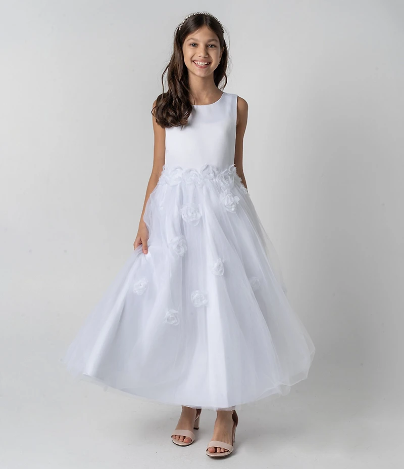 Chantilly Place Big Girls Sleeveless Satin-Bodice/Floral-Appliqued Mesh-Skirted Communion Dress