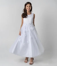 Chantilly Place Big Girls Sleeveless Satin-Bodice/Floral-Appliqued Mesh-Skirted Communion Dress