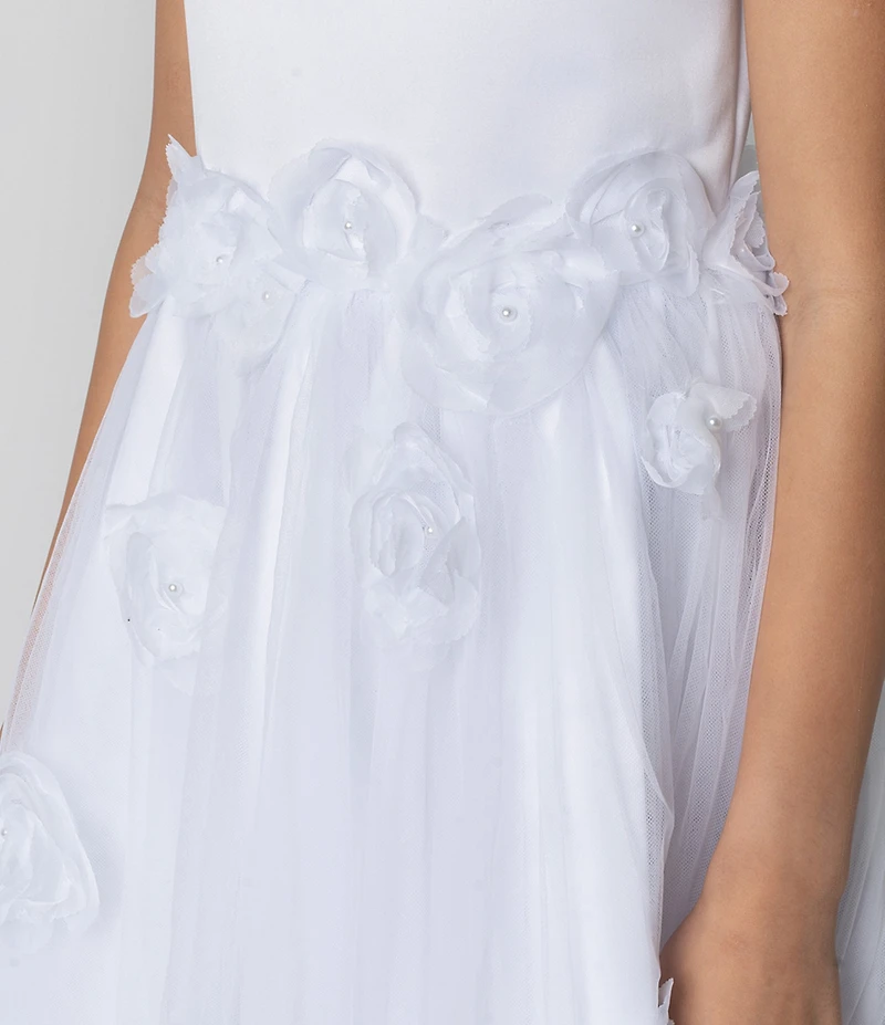 Chantilly Place Big Girls Sleeveless Satin-Bodice/Floral-Appliqued Mesh-Skirted Communion Dress