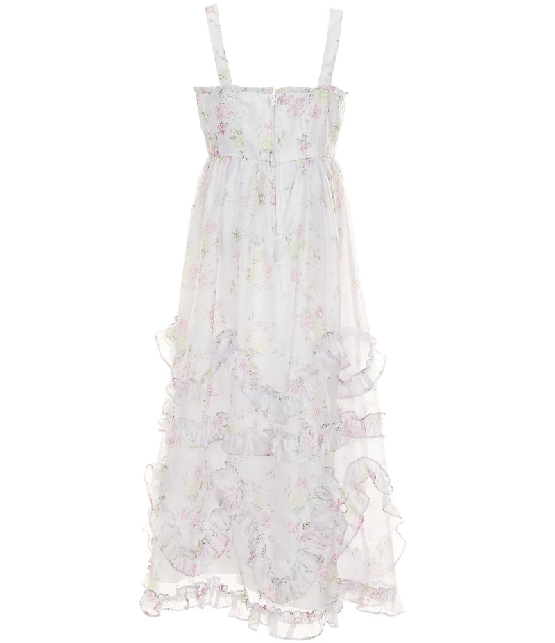 Rare Editions Big Girls Sleeveless Scalloped Ruffles Floral Print Organza Maxi Dress