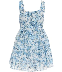 Rare Editions Big Girls Sleeveless Square Neck 2-Tier Drop-Waist Printed Woven Eyelet Mini Dress