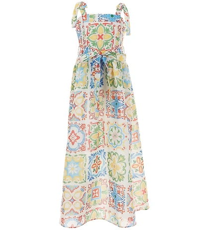 Rare Editions Big Girls Sleeveless Tile-Printed Linen-Look Dress