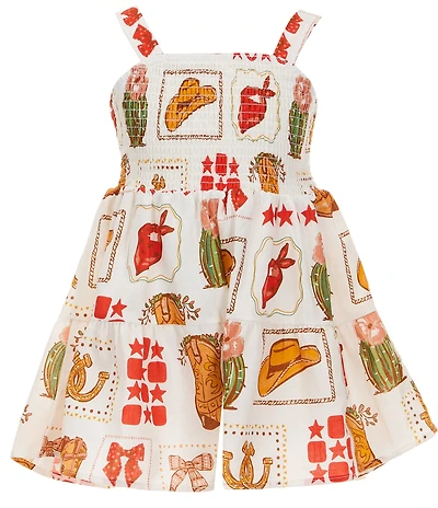 Rare Editions Big Girls Sleeveless Smocked Western-Print Romper