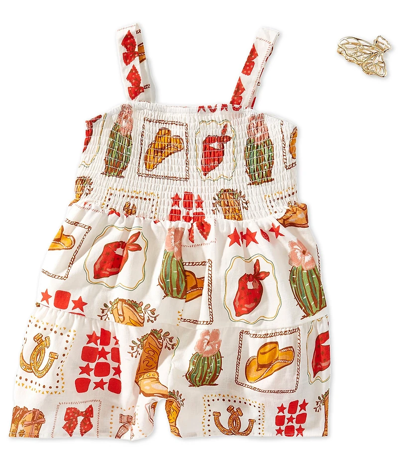 Rare Editions Big Girls Sleeveless Smocked Western-Print Romper