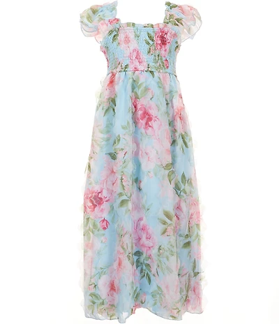 Rare Editions Big Girls Smocked Bodice Flutter Sleeve Floral Printed Chiffon Maxi Dress