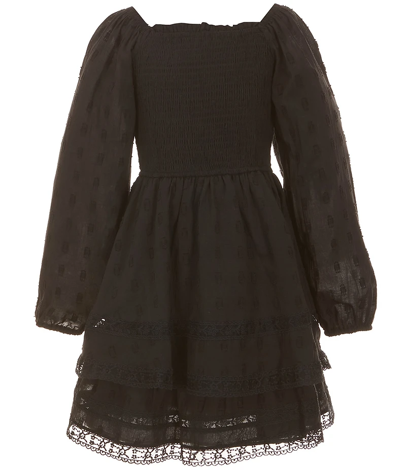Rare Editions Big Girls Woven Long Sleeve Textured Clip Dot Tiered Lace Trim Dress
