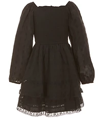 Rare Editions Big Girls Woven Long Sleeve Textured Clip Dot Tiered Lace Trim Dress