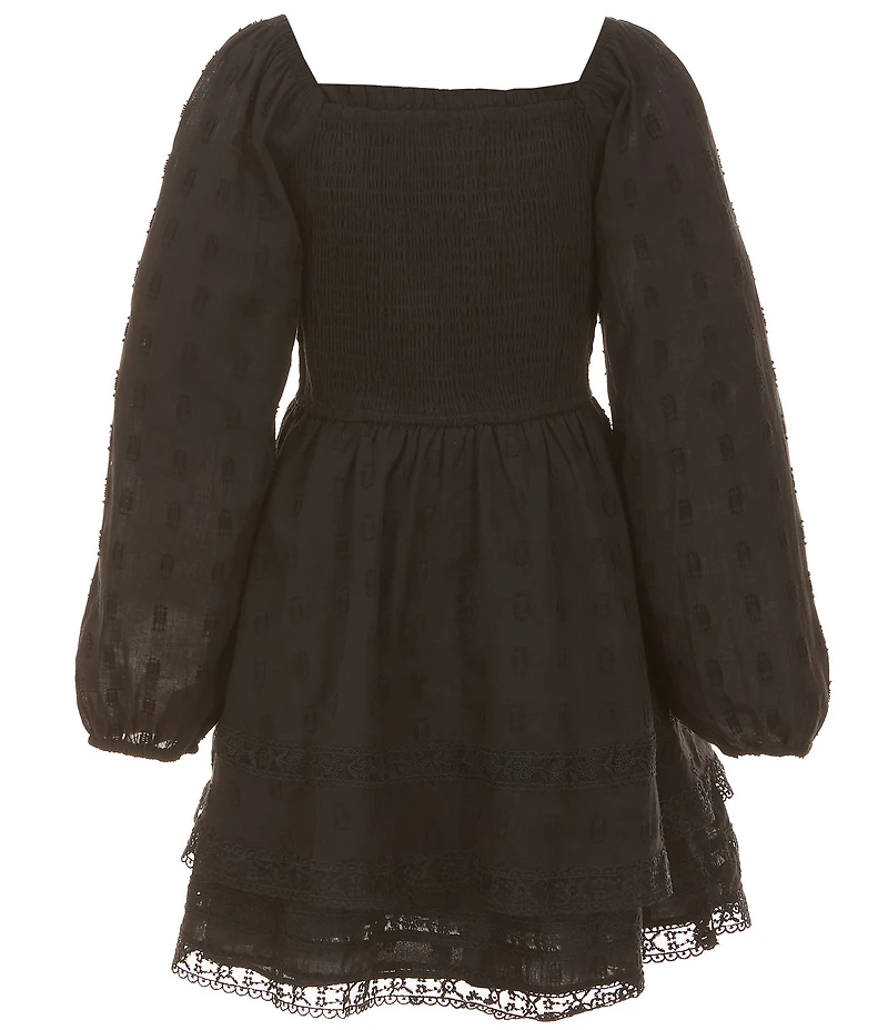 Rare Editions Big Girls Woven Long Sleeve Textured Clip Dot Tiered Lace Trim Dress