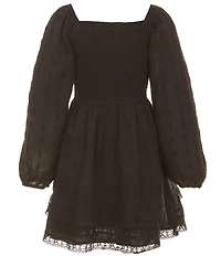Rare Editions Big Girls Woven Long Sleeve Textured Clip Dot Tiered Lace Trim Dress
