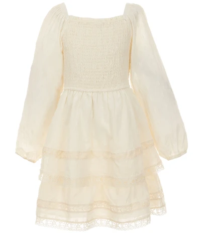 Rare Editions Big Girls Woven Long Sleeve Textured Clip Dot Pleated Tiered Lace Trim Dress