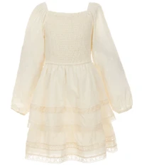 Rare Editions Big Girls Woven Long Sleeve Textured Clip Dot Pleated Tiered Lace Trim Dress