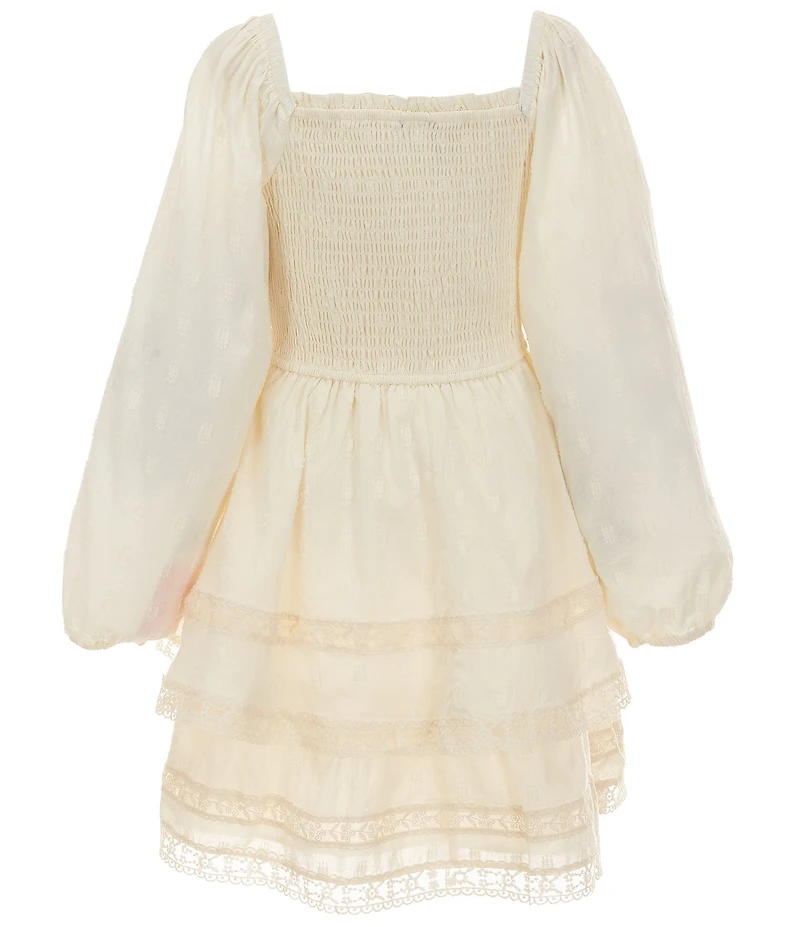 Rare Editions Big Girls Woven Long Sleeve Textured Clip Dot Pleated Tiered Lace Trim Dress