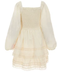 Rare Editions Big Girls Woven Long Sleeve Textured Clip Dot Pleated Tiered Lace Trim Dress