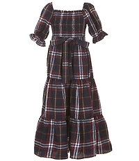 Rare Editions Big Girls Woven Plaid Puff Sleeve Smocked Bodice Tiered Maxi Dress