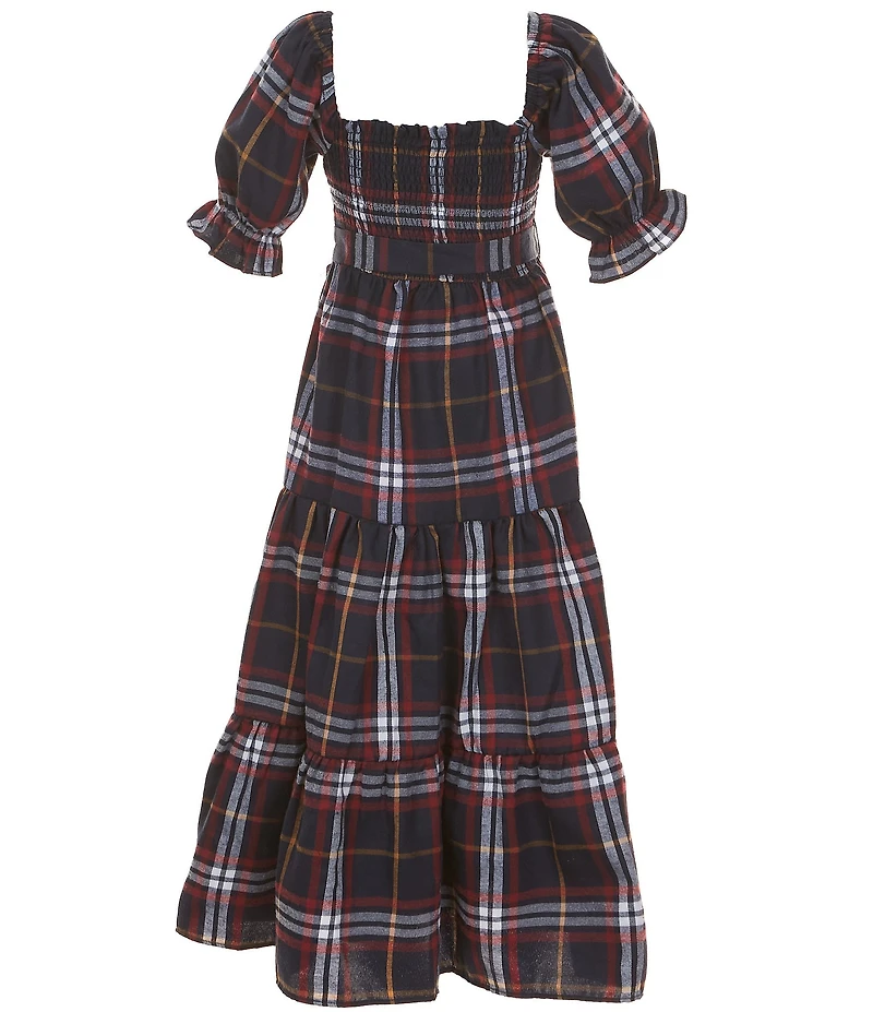 Rare Editions Big Girls Woven Plaid Puff Sleeve Smocked Bodice Tiered Maxi Dress