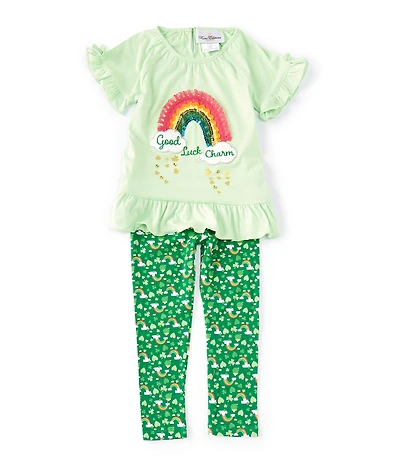Rare Editions Little Girls Short Ruffle Sleeve Good Luck Charm Rib Knit Top & Printed Leggings 2-Piece Set