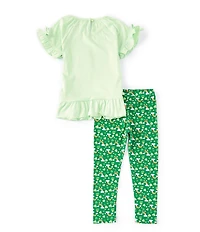 Rare Editions Little Girls Short Ruffle Sleeve Good Luck Charm Rib Knit Top & Printed Leggings 2-Piece Set