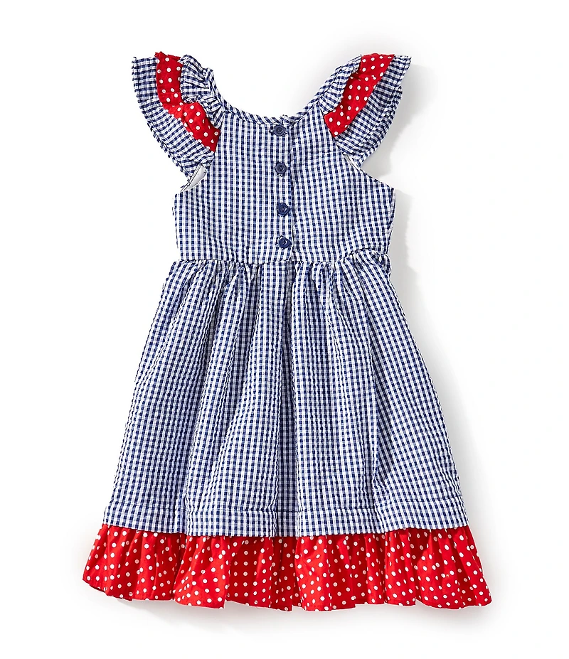 Rare Editions Little Girls Flutter-Sleeve Daisy/Ladybug-Appliqued Gingham Seersucker Fit-And-Flare Dress