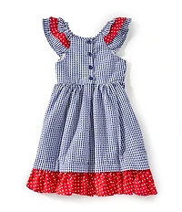 Rare Editions Little Girls Flutter-Sleeve Daisy/Ladybug-Appliqued Gingham Seersucker Fit-And-Flare Dress
