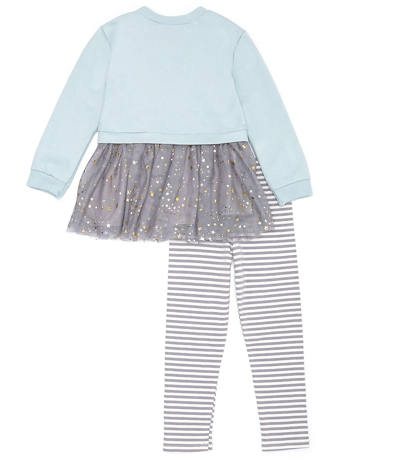 Rare Editions Little Girls Long Sleeve Magic Star French Terry/Mesh Tutu Sweatshirt & Striped Knit Leggings Set