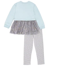 Rare Editions Little Girls Long Sleeve Magic Star French Terry/Mesh Tutu Sweatshirt & Striped Knit Leggings Set