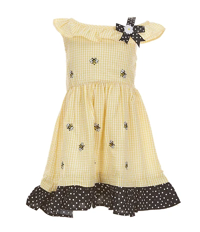 Rare Editions Little Girls Sleeveless Bumblebee-Appliqued Gingham Seersucker Fit-And-Flare Dress