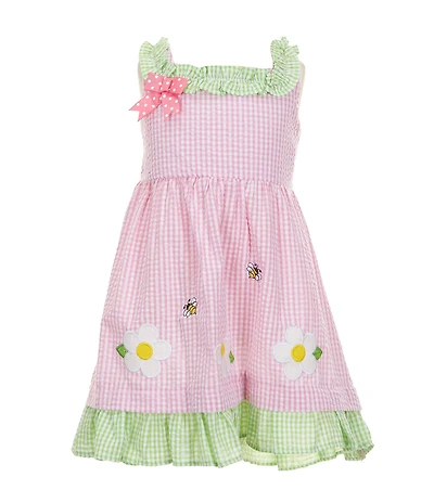 Rare Editions Little Girls Sleeveless Daisy-Appliqued Checked Seersucker Fit-And-Flare Dress