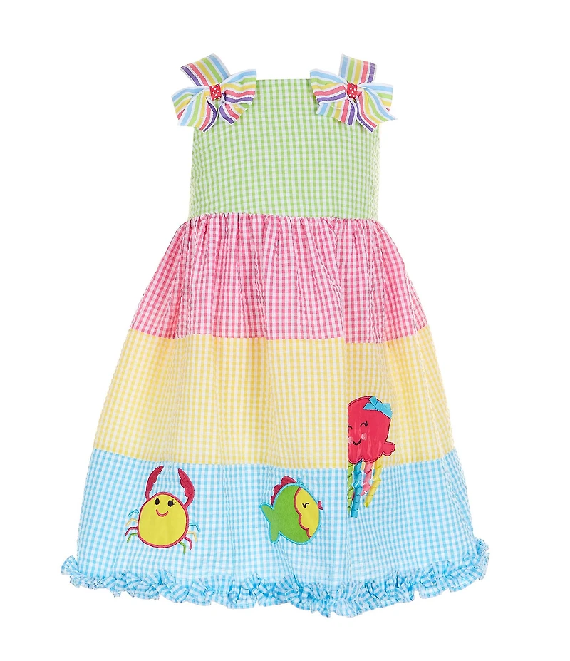 Rare Editions Little Girls Sleeveless Gingham Color Block Fish-Appliqued Fit-And-Flare Dress