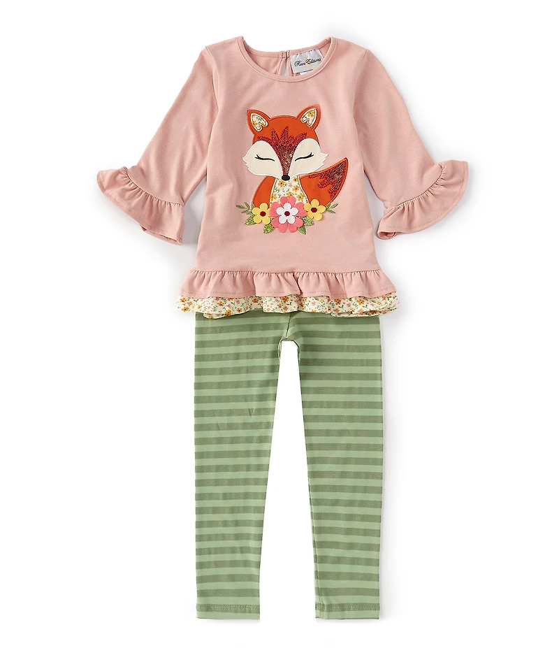 Rare Editions Little Girls 3/4-Sleeve Fox-Applique Tunic Top & Striped Leggings Set