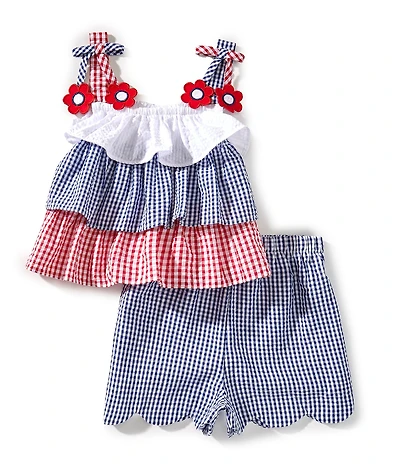 Rare Editions Little Girls Americana Color Block Seersucker Tank Top & Coordinating Scalloped-Hem Shorts Set