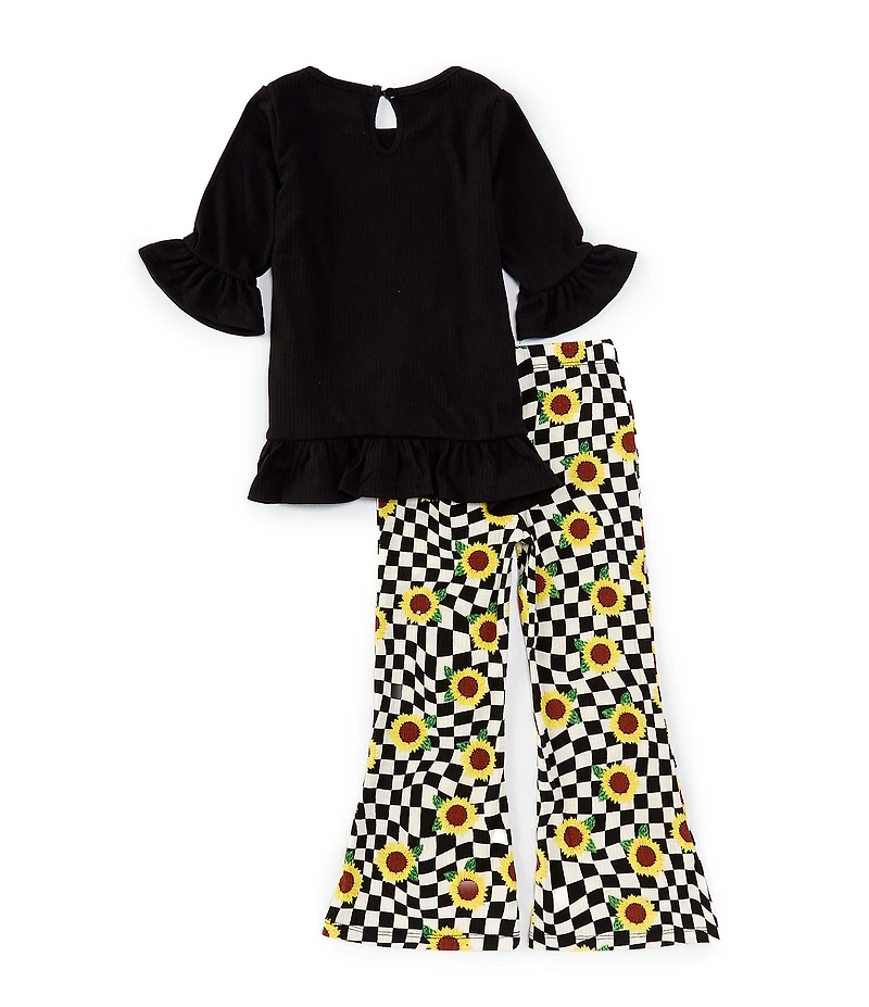 Rare Editions Little Girls Bell Sleeve Sunflower Applique Top & Sunflower/Checked Flare Leg Leggings Set