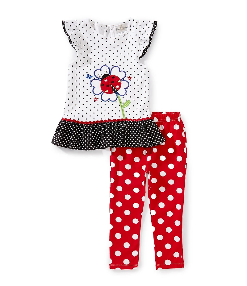 Rare Editions Little Girls Crewneck Short Ruffle Sleeves Ladybug Polka Top And Legging Set