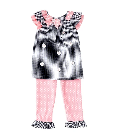 Rare Editions Little Girls Flutter-Sleeve Checked/Daisy Schiffli-Embroidered Seersucker Tunic Top & Dotted Leggings Set