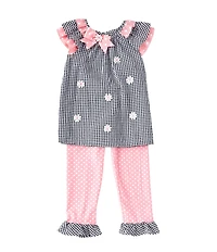 Rare Editions Little Girls Flutter-Sleeve Checked/Daisy Schiffli-Embroidered Seersucker Tunic Top & Dotted Leggings Set