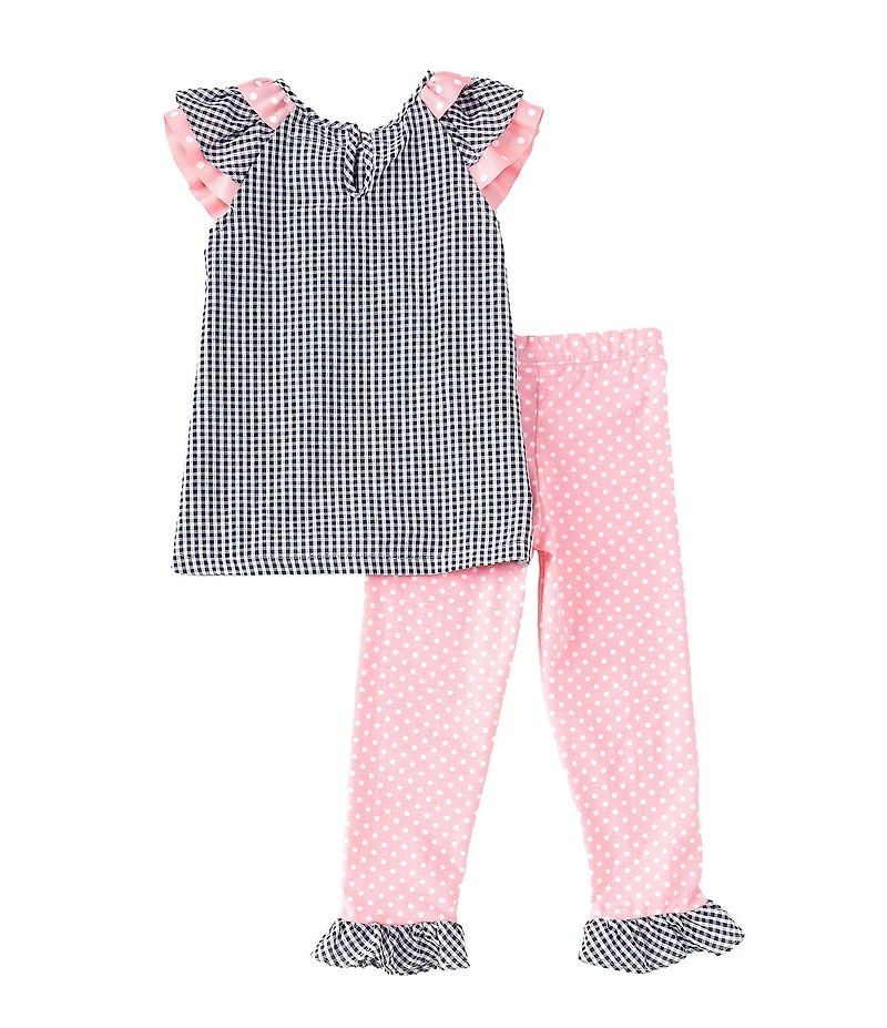 Rare Editions Little Girls Flutter-Sleeve Checked/Daisy Schiffli-Embroidered Seersucker Tunic Top & Dotted Leggings Set
