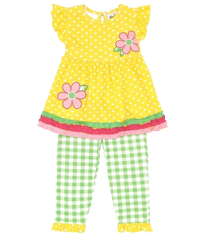 Rare Editions Little Girls Flutter Sleeve Dotted Knit Flower-Appliqued Dress & Checked Leggings Set
